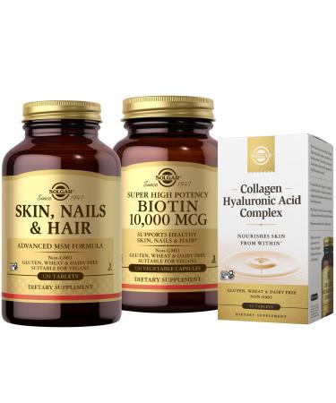 SOLGAR Hair Skin Nails & Collagen Bundle: Skin Nails & Hair Advanced MSM Formula 120 Tablets + Collagen Hyaluronic Acid Complex 30 Tablet + Biotin 10 000 mcg 120 Capsules