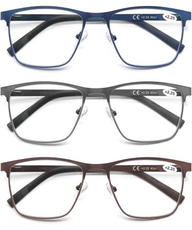 MODFANS 3 Pack Reading Glasses for Men - Blue Light Filter Metal Frame - Rectangle Style - Stainless Steel - Grey Brown Blue +2.25 - Buy Online on GoSupps.com