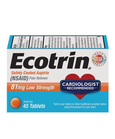 Ecotrin Safety Coated Aspirin 81 mg low Strength / 45 Tablets / pain reliever / The Aspirin Regimen That's Smart For Your Heart.