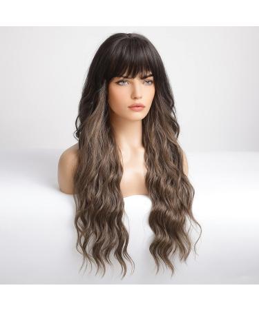 EMMOR Ombre Brown Long Curly Wig with Bangs | Heat Resistant Synthetic | Natural Look for Women - Buy Online on GoSupps.com