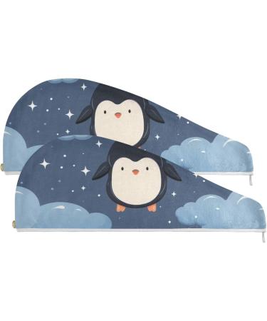Penguins Stars Clouds Hair Towel 2 Pack - Super Absorbent Quick Dry Hair Turbans for Women & Girls - Buy Online on GoSupps.com
