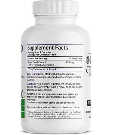 Bronson Grape Seed Extract 400mg - Antioxidant & Immune Support - 95% Proanthocyanidins - Non GMO - 180 Vegetarian Capsules - Buy Online on GoSupps.com