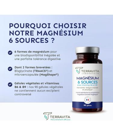 Magnesium 6 Sources Including Bisglycinate + Marine + Citrate | Optimum Efficacy against Fatigue and Stress | 300 mg of Magnesium Element per Dose + B6 + B9 | 90 Vegan Capsules | Made in France - Buy Online on GoSupps.com