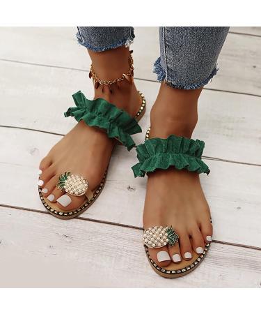 Stylish Summer Beach Slippers for Women - Pineapple Pearl Rhinestone Bunion Relief & Plantar Fasciitis Flip Flops - Size 7.5 Green - Buy Online on GoSupps.com