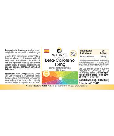 Buy Beta Carotene 15mg - 100 Softgels | Boost Vision & Immune Health | Warnke Vitalstoffe - German Pharmacy Quality - Buy Online on GoSupps.com