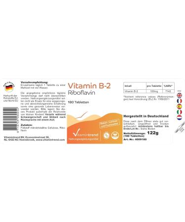 Buy Vitamin B2 Riboflavin 100mg - 6-Month Supply 180 Vegan Tablets | International Shipping | Vitamintrend  - Buy Online on GoSupps.com