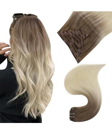 Easyouth Ombre Clip in Hair Extensions Brown to Blonde Balayage Clip in Real Hair Extensions Clip in Human Hair 12 Inch 70g 7Pcs Double Weft Clip in Extensions 12" 2-7Pcs Clip #8/60