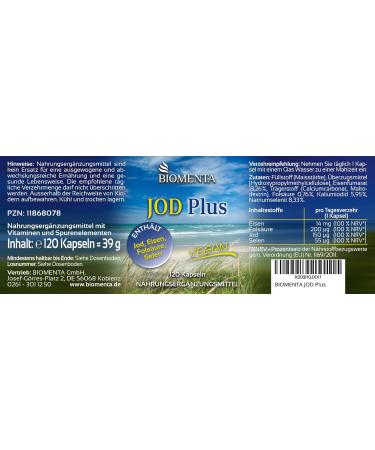 BIOMENTA Iodine Plus - 120 High-Dose Vegan Capsules with Selenium Folic Acid & Iron - Premium Quality for Optimal Health - Buy Online on GoSupps.com