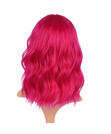 Queberty Pink Wig - Short Wavy Hot Pink Synthetic Wig for Women with Air Bangs | Natural Hair Cosplay Daily Party Use - Buy Online on GoSupps.com