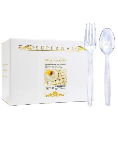 Plastic Silverware 400pcs Disposable Clear Plastic Silverware Crystal Plastic Cutery Plastic forks and Spoons 200 forks and 200 spoons Supernal