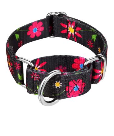Dazzber martingale dog collar with floral pressure no pulling durable for medium -sized dogs adjustable neck circumference 35.6 cm to 53.3 cm sunflower (black) medium 1 inch wide black