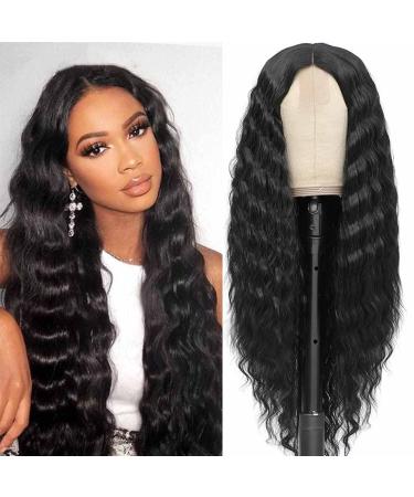 30" Synthetic Curly Wig Long Deep Wave Crimped Hair Wigs Middle Part Lace Wigs for Women 4" Fake Scalp Natural Crimps Curls Curly Lace Front Wig 1B 1B (Middle Part)