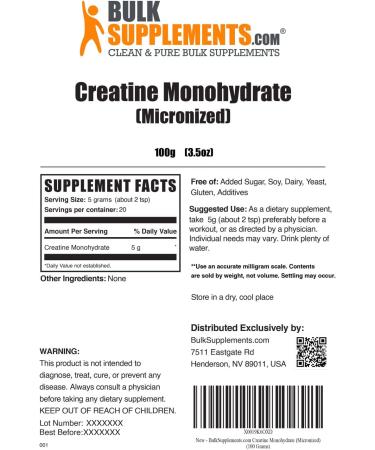 Bulksupplements Creatine Monohydrate Powder Micronized - 100g | Pure Muscle Gain & Performance Boost - Buy Online on GoSupps.com