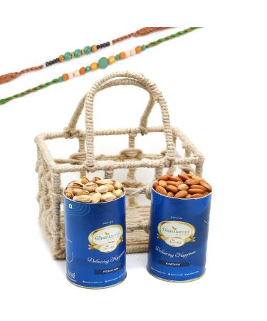 Ghasitaram Gifts Rakhi Gifts for Brothers Jute Check Basket of Almonds and Pistachios with 2 Green Beads Rakhis