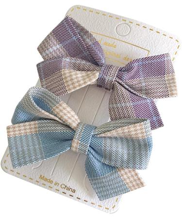 Baby Hair Bows Clips 2 PCS Set - Purple/Blue Grey Checkered Hair Ribbon for Girls | Non-Slip Infant Hair Accessories for Toddler Kids - Buy Online on GoSupps.com