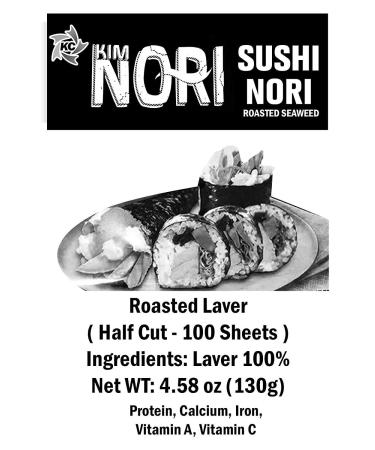KIMNORI Sushi Nori Seaweed Sheets - 100 Half Cut Yaki Roasted Rolls, 100% Natural Laver, Premium Quality - 130g/4.58oz Resealable Bag - Buy Online on GoSupps.com