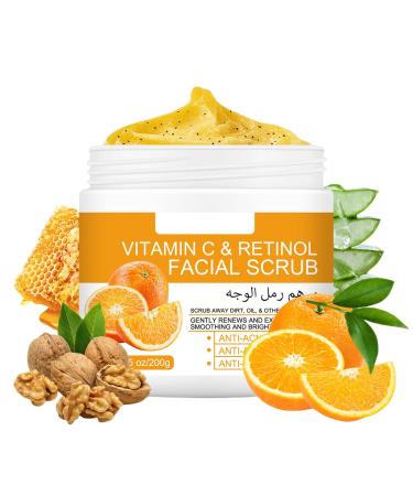 Facial Scrub Exfoliator with Vitamin C & Retinol Natural Aloe Vera Exfoliating Scrub| Deep Cleansing Pore Refining Brightening Skin| Body and Face Scrub Gently Exfoliates Skin / 7.05 OZ