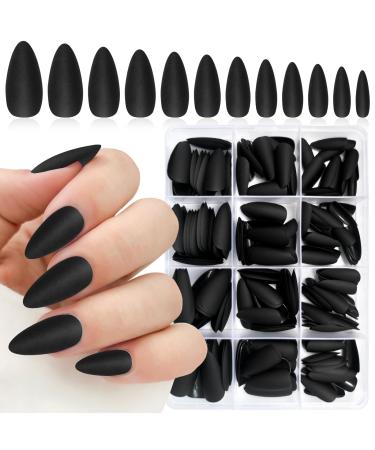 240PC Almond Press on Nails Medium Length Fake Nails Black Matte Almond Nails Press on Nail Short Stiletto False Nail Tips Colored Artificial Fingernail & Nail Glue Adhesive Tabs for Women