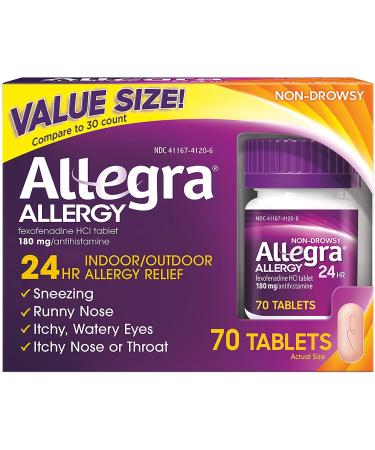 Allegra Allergy 24 Hour Tablets 180 mg Each Long-Lasting Fast-Acting Antihistamine for Noticeable Relief from Indoor and Outdoor Allergy Symptoms (70 Count) (Pack of 2)