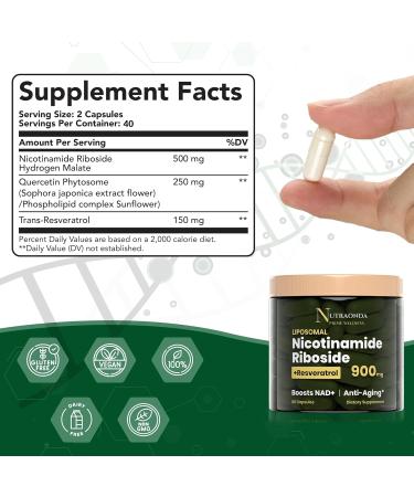 NUTRAONDA Liposomal Nicotinamide Riboside 900mg Resveratrol & Quercetin NAD Supplement Plus for Anti Aging, Cellular Energy & Improve Health- 80 Capsules - Buy Online on GoSupps.com
