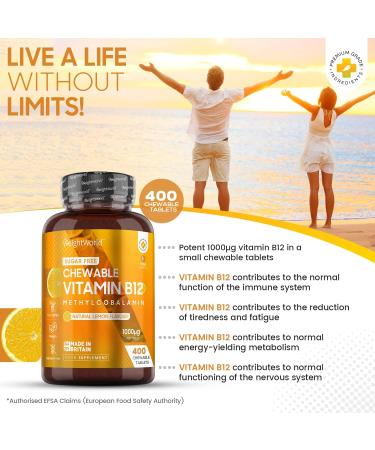 High Strength Vitamin B12 1000mcg Chewable Tablets - 400 Vegan & Sugar-Free Lemon Flavour - UK Made Supplement for Fatigue - 1 Yr Supply - Buy Online on GoSupps.com