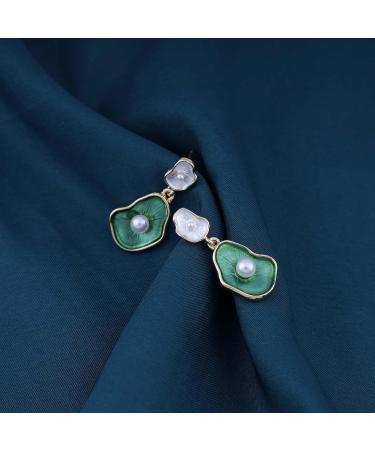 Vintage Green Lotus Leaf Pearl Drop Earrings - Enamel Flower Jewelry for Women - Buy Online on GoSupps.com