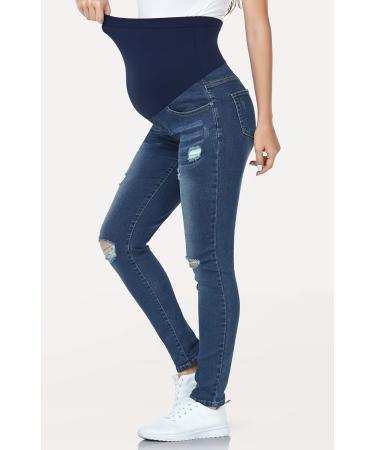 PACBREEZE Women's Maternity Jeans | High Waist Denim Skinny Pants | Over The Belly | Stretchy and Slim Fit | Ripped Indigo Blue | With Pockets - Buy Online on GoSupps.com