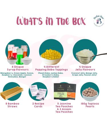 MBTK - 8 (Boba Bar London | MangoBerry Refresher Mixed Bubble Tea Kit | 8 Mixed Tea Flavours | 8 Boba & Jelly Toppings | Tapioca Pearls | 8 Bamboo Straws | 8 Tea Bags | 2 Recipe Cards ) - Buy Online on GoSupps.com