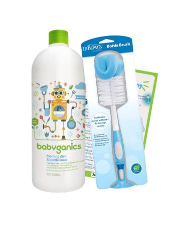 Soybec Baby Bottle Soap & Baby Bottle Brush Cleaner Bundle - (1) 32oz Babyganics Foaming Dish & Bottle Soap Refill Fragrance-Free  (1) Dr. Brown's Baby Bottle Brush Plus Baby Cleaning Tip Sheet