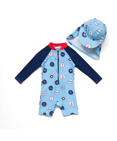 BONVERANO Baby Boy One Piece Long-Sleeved Clothing UV Protection 50+ Swimsuit with One Zip Blau-welle Punkte 12 Months