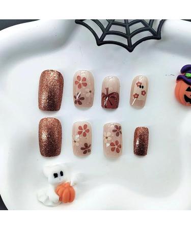 Halloween Press On Nails - Short Square Cute Ghost Flower Pumpkin Glitter - 24 Pcs Glossy Acrylic Stick On Nails for Women & Girls - Buy Online on GoSupps.com