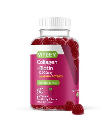 Collagen with Biotin 10 000mcg Gummies - for Hair  Skin & Nails Support  Maximum Potency - Dietary Vitamin Supplements for Adults  Teens  & Kids - Gluten Free & Non GMO  Chewable Raspberry Flavored 60 Count (Pack of 1)
