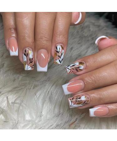 JUSTOTRY 24 Pcs Square False Nails Short White French Press on Nails Leaves Pattern Cute Fake Nails Short with Nail Glue Nude Stick on Nails for Women Nails Fake Nail for Nails Art White & Leaves1