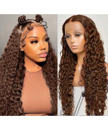 Chocolate Brown Deep Wave Transparent Lace Front Wigs Wet Wavy Human Hair 13x4 Ear To Ear Lace Frontal Wigs Brazilian 4 Deep Curly Wig for Women Pre Plucked with Baby Hair 150% Density (20 Inch  Chocolate Brown 13x4 Dee...