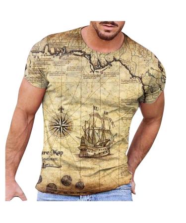 Photno Men's Retro Map Printed T-Shirt Summer Casual O-Neck Short Sleeves Slim Fit Outdoor Sports Fitness Tees Tops Slim Fit Medium Yellow