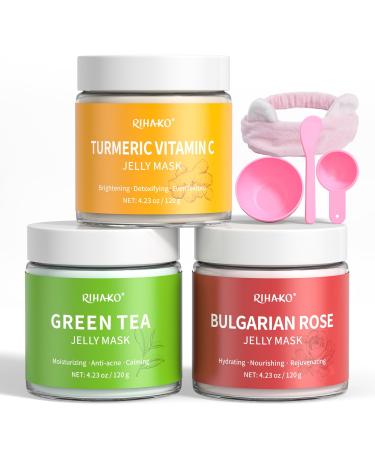 Jelly Mask for Facial Skin Care Peel-Off Jelly Mask Powder for Hydrating Nourishing Brightening Jelly Face Mask Set Turmeric Vitamin C Rose and Green Tea Easy DIY Home Spa Kits