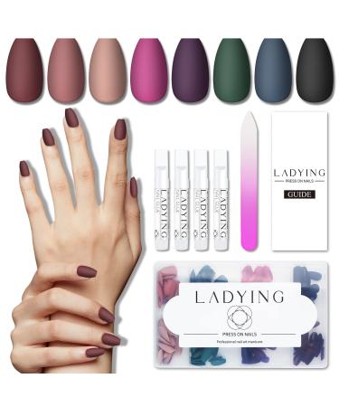 LADYING 8 Packs (192PCS) Acrylic Matte Press on Nails Medium Length, Stick Glue on Nails for Women, Ballerina False Nail Art Tips Sets, Solid Color Fake Nails with Glue Nail File, Short Coffin Medium Length Coffin Nails G8G