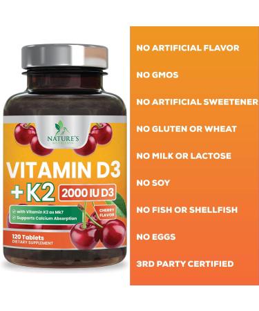 High Potency Vitamin D3 + K2 (MK-7) 2-in-1 Formula - 120 Chewable Tablets for Heart, Bone & Immune Health - Buy Online on GoSupps.com