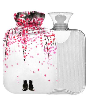 NAANLE hot water bottle with cover cat under cherry tree Transparent hot water bottle 2l large hot hot water bottle for menstrual cramps pain relief handfoots heat and cold therapy