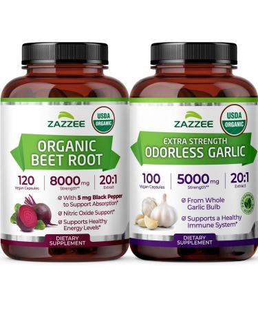 Zazzee Herbal B Pressure Support Bundle | 20:1 USDA Organic Garlic Capsules Plus 20:1 Organic Beet Root Capsules | Non-GMO Vegan & ISO Lab Tested