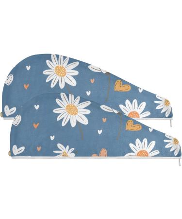 White Daisy Flower Blue Hair Towel 2 Pack | Super Absorbent Quick Dry Hair Turbans for Women & Girls - Buy Online on GoSupps.com