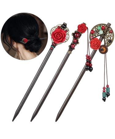 Yaazi 3 Pieces Japanese Chinese Hair Stick Retro Wooden Hairpin Flower Hair Chopsticks Handmade Wooden Hair Stick Classic Hair Chopstick Hair Pins for Long Hair