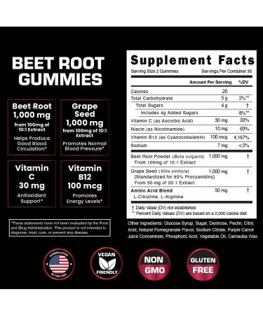 Vitamized Beet Root Chews 1000mg - Heart Support Supplement with Grape Seed, Vitamin C & B12 - Nitric Oxide for Blood Pressure & Circulation - Pomegranate Flavor - 60 Count - Buy Online on GoSupps.com