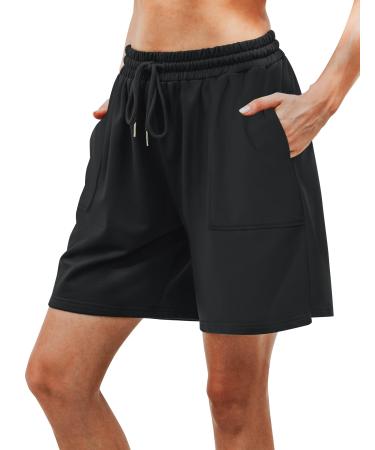 Cowasto Womens Cotton Bermuda Shorts Casual Summer Loose Athletic Short Drawstring Waist Lounge Running Shorts with Pockets Black X-Large
