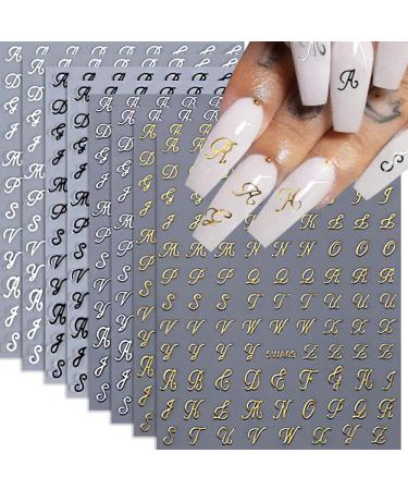 Letter Nail Stickers 8 Sheets Old English Letter Nail Decals 3D Self-Adhesive Gold Silver Black White Retro English Pattern Old Alphabet Cursive Nail Design Manicure Nail Accessories for Women Girls
