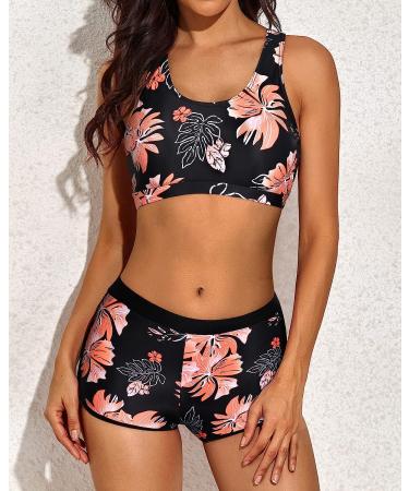 Yonique Women's 3-Piece Athletic Tankini Swimsuit Set - X-Large Pink Floral & Black - Buy Online on GoSupps.com