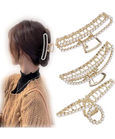 VinBee Pearl Hair Clips For Women Large Metal Hair Claw Clips For Thick and Thin Hairs Jaw Clamp Clips-3 Pack 4.5 Inches