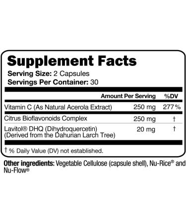 100% Natural Vitamin C from Acerola Cherry with Lavitol DHQ Dihydroquercetin Plus 250 mg Citrus Bioflavonoids - Whole-Food Vitamin C No Synthetic Ascorbic Acid and No Additives - 250 mg 60 Capsules - Buy Online on GoSupps.com