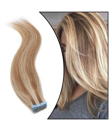 Elailite 20 pieces tape in extensions real hair tape extensions hair extension real hair extensions tape smooth 60cm 50g #12/613 golden brown & bleached blonde