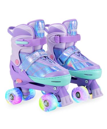RunRRIn Roller Skates for Kids Girls, 4 Size Adjustable Quad Skate with Light Up Wheels for Children Indoor and Outdoor Purple Medium(1-4 US)